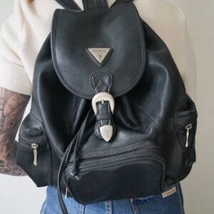 Guess Black Leather Backpack with Silver Accents